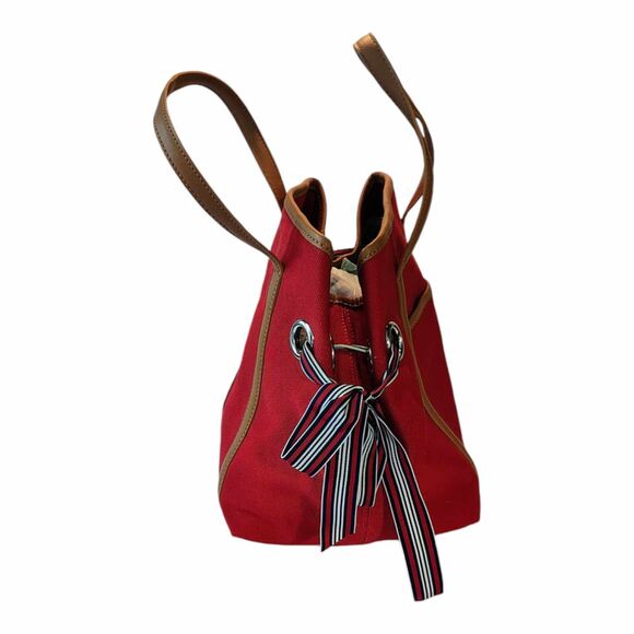 TALBOTS Red Canvas Abstract Scarf Print Design Top Handle Tote Bucket Bag EUC - Picture 7 of 15
